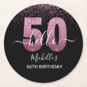 Hello 50! -50th Birthday with Pink glitter ラウンドペーパーコースター (正面)