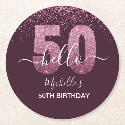 Hello 50! -50th Birthday with Pink glitter ラウンドペーパーコースター (正面)