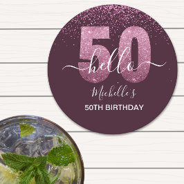 Hello 50! -50th Birthday with Pink glitter ラウンドペーパーコースター