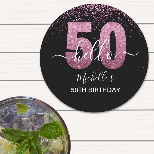 Hello 50! -50th Birthday with Pink glitter ラウンドペーパーコースター