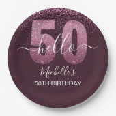 Hello 50! -50th Women's Birthday with Pink glitter ペーパープレート (正面)