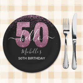 Hello 50! -50th Women's Birthday with Pink glitter ペーパープレート