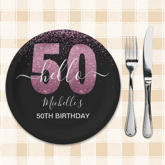 Hello 50! -50th Women's Birthday with Pink glitter ペーパープレート