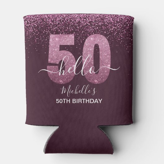 Hello 50! -Birthday 50th Women's with Pink glitter 缶クーラー (裏面)