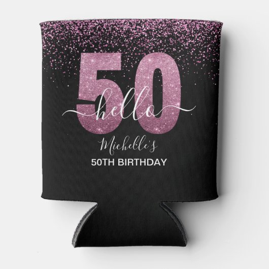 Hello 50! -Birthday 50th Women's with Pink glitter 缶クーラー (正面)