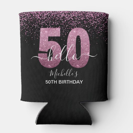 Hello 50! -Birthday 50th Women's with Pink glitter 缶クーラー (裏面)