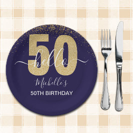 Hello 50! -Elegant 50th Birthday with Gold glitter ペーパープレート