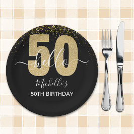 Hello 50! -Elegant 50th Birthday with Gold glitter ペーパープレート