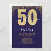 Hello 50! modern 50th birthday with gold glitter 招待状 (正面)