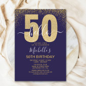 Hello 50! modern 50th birthday with gold glitter 招待状