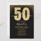 Hello 50! modern 50th birthday with gold glitter 招待状 (正面)