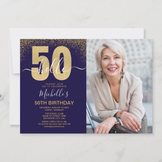 Hello 50! - Modern 50TH Birthday with photo 招待状 (正面)
