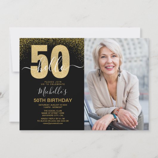 Hello 50! - Modern 50TH Birthday with photo 招待状 (正面)
