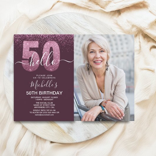 Hello 50! - Modern 50TH Birthday with photo 招待状