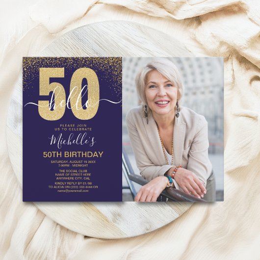 Hello 50! - Modern 50TH Birthday with photo 招待状