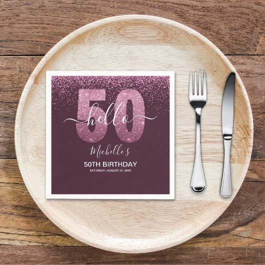 Hello 50! - Modern 50th Birthday with Pink glitter スタンダードカクテルナプキン