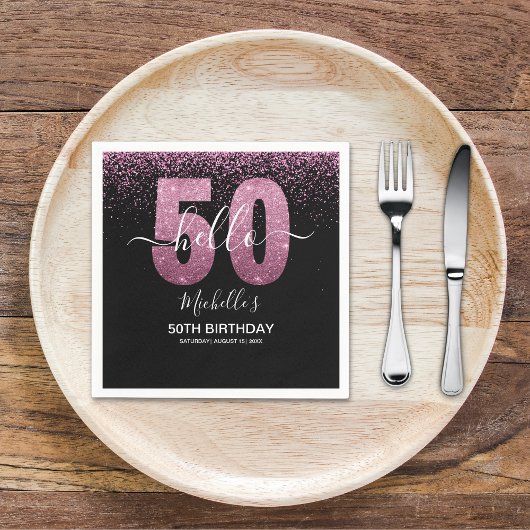 Hello 50! - Modern 50th Birthday with Pink glitter スタンダードカクテルナプキン