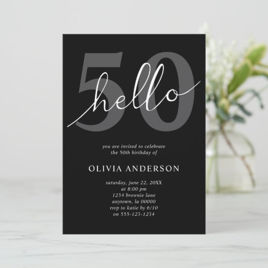 Hello 50 | Modern Chic Black 50th Birthday Party 招待状 (スタンド正面)
