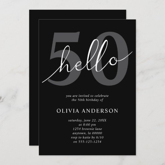 Hello 50 | Modern Chic Black 50th Birthday Party 招待状 (正面/裏面)