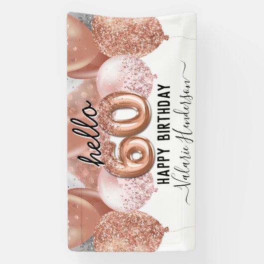 Hello 60ピンクグリッター誕生日バルーン記号 横断幕 (縦)