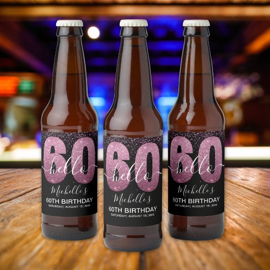 Hello 60! - 60th Birthday Woman with Pink Glitter ビールラベル