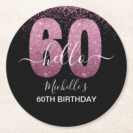 Hello 60! - Modern 60th Birthday Woman ラウンドペーパーコースター (正面)