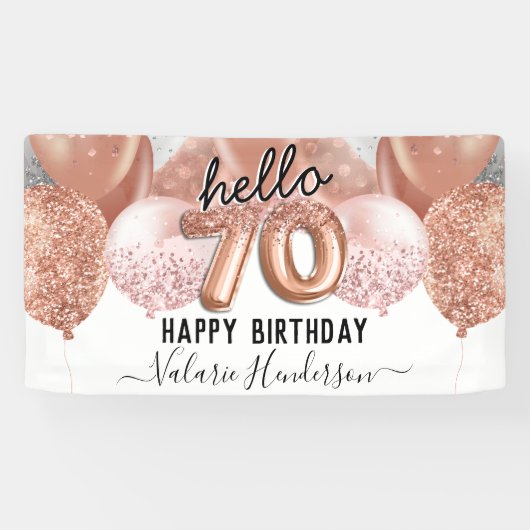 Hello 70ピンクグリッター誕生日バルーン記号 横断幕 (横)