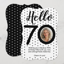 Hello 70フォトブラック&ホワイトドット誕生日カード