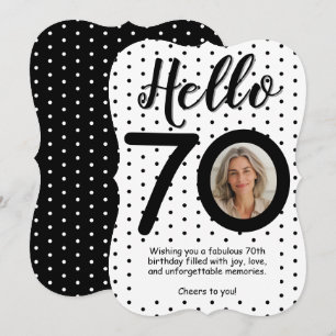 Hello 70フォトブラック&ホワイトドット誕生日カード