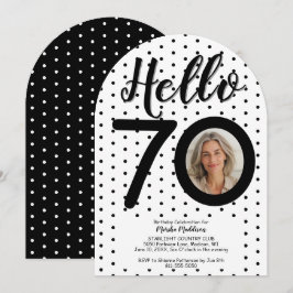 Hello 70フォトブラック&ホワイトドット誕生日 招待状