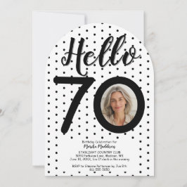 Hello 70フォトブラック&ホワイトドット誕生日 招待状