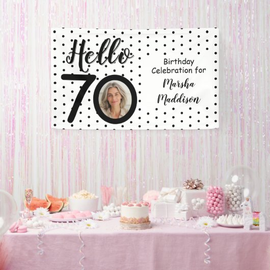 Hello 70フォトブラック&ホワイトドット誕生日 横断幕 (パーティー)
