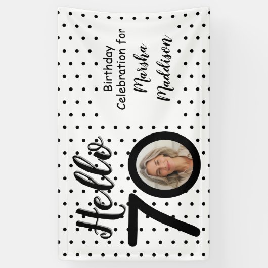 Hello 70フォトブラック&ホワイトドット誕生日 横断幕 (縦)