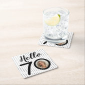 Hello 70白黒ドットフォト誕生日 スクエアペーパーコースター (インサイチュ)