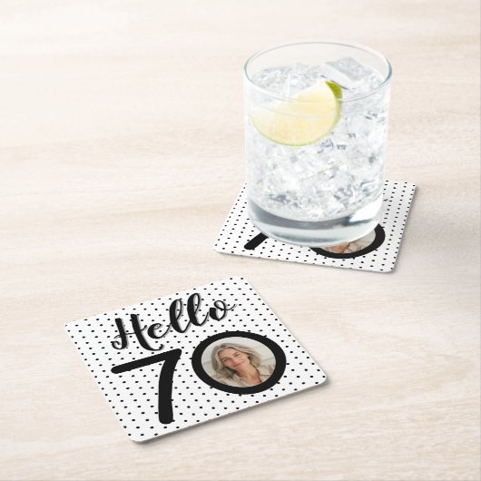 Hello 70白黒ドットフォト誕生日 スクエアペーパーコースター (インサイチュ)