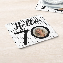 Hello 70白黒ドットフォト誕生日 スクエアペーパーコースター