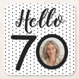 Hello 70白黒ドットフォト誕生日 スクエアペーパーコースター