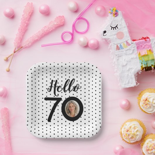 Hello 70白黒ドットフォト誕生日 ペーパープレート (パーティー)