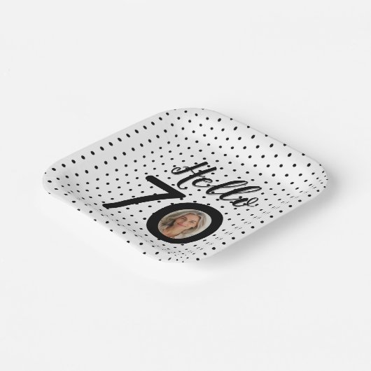 Hello 70白黒ドットフォト誕生日 ペーパープレート (傾斜あり)