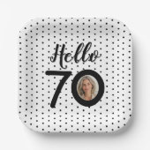 Hello 70白黒ドットフォト誕生日 ペーパープレート (正面)