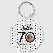 Hello 70白黒ドット写真&名前誕生日 キーホルダー (正面)