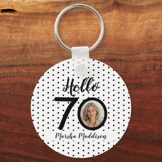 Hello 70白黒ドット写真&名前誕生日 キーホルダー (正面)