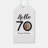 Hello 70白黒ドット写真&名前誕生日 ギフトタグ (正面)