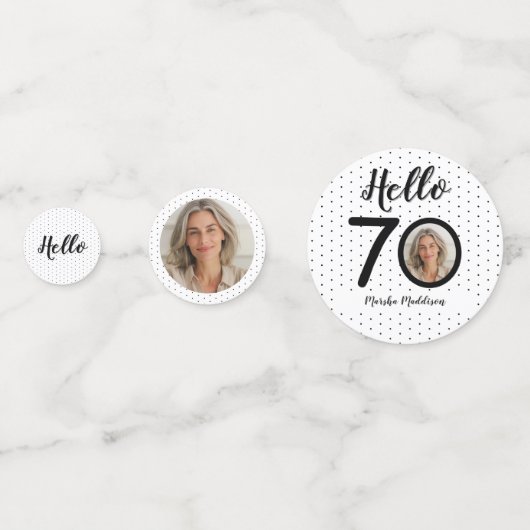 Hello 70白黒ドット写真&名前誕生日 コンフェッティ (正面)
