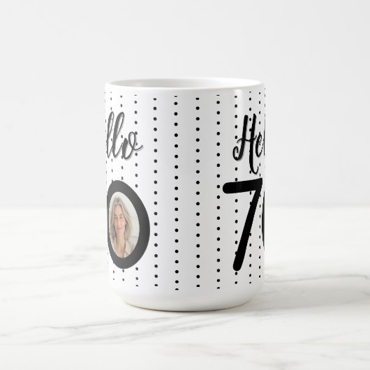 Hello 70白黒ドット写真&名前誕生日 コーヒーマグカップ (中央)