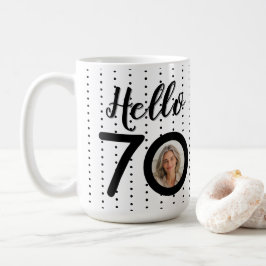 Hello 70白黒ドット写真&名前誕生日 コーヒーマグカップ