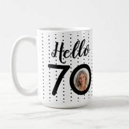 Hello 70白黒ドット写真&名前誕生日 コーヒーマグカップ