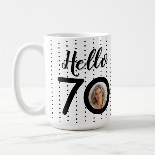 Hello 70白黒ドット写真&名前誕生日 コーヒーマグカップ (左)