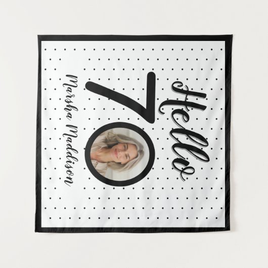 Hello 70白黒ドット写真&名前誕生日 タペストリー (正面(横))