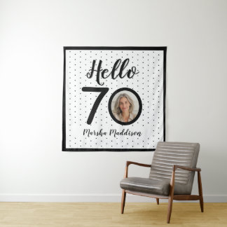 Hello 70白黒ドット写真&名前誕生日 タペストリー